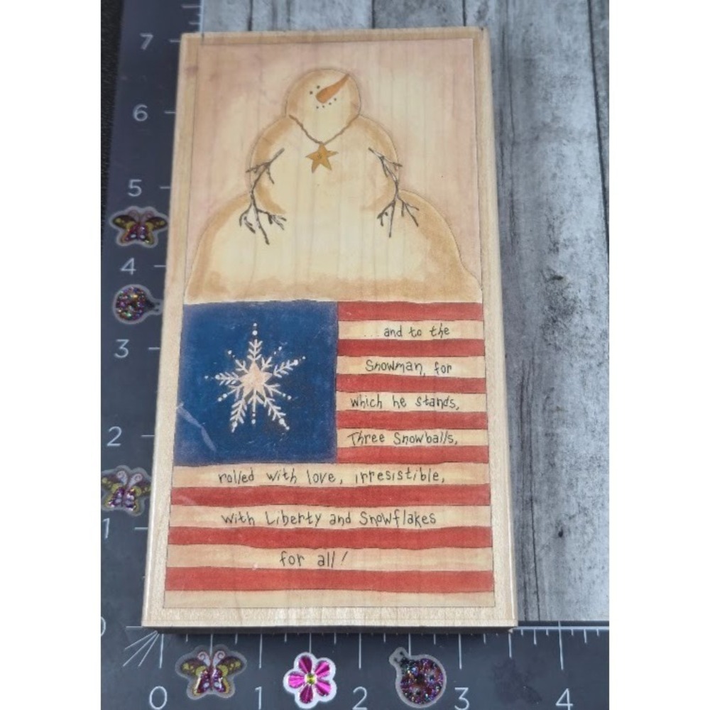 Stamps Happen And To The Snowman 90323 USA Flag Liberty Rubber Stamp Wood #D18